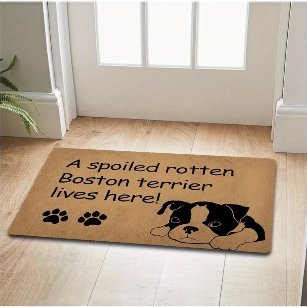 Tan Dog Mat with Boston Terrier Design